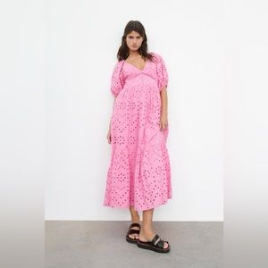 Zara Pink Eyelet Cutwork Dress with Puffy Sleeves